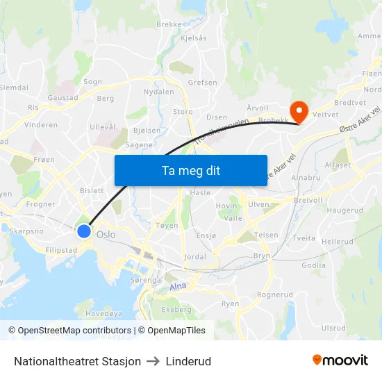 Nationaltheatret Stasjon to Linderud map