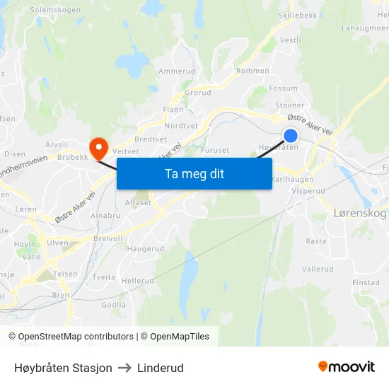 Høybråten Stasjon to Linderud map
