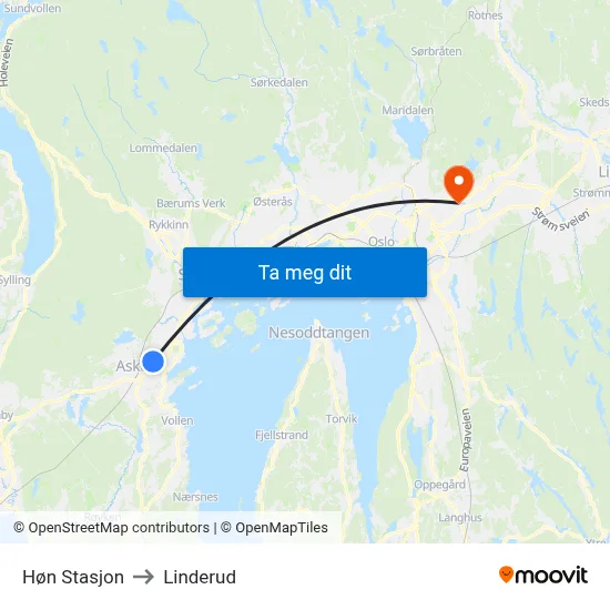 Høn Stasjon to Linderud map
