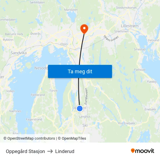Oppegård Stasjon to Linderud map