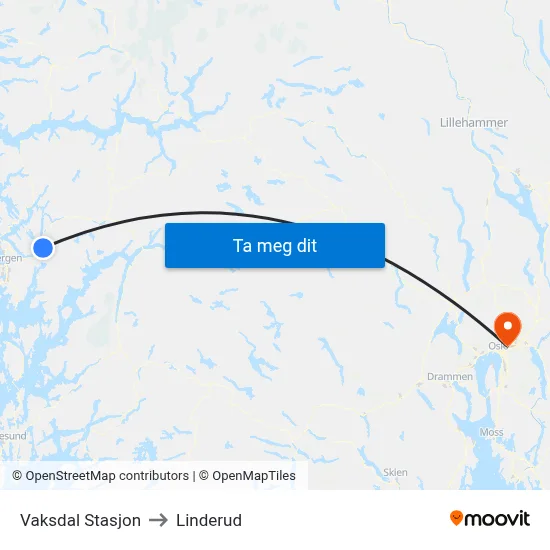 Vaksdal Stasjon to Linderud map