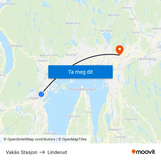 Vakås Stasjon to Linderud map