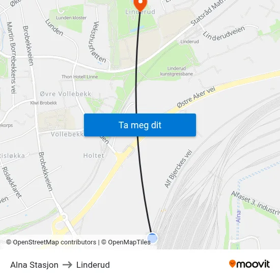 Alna Stasjon to Linderud map