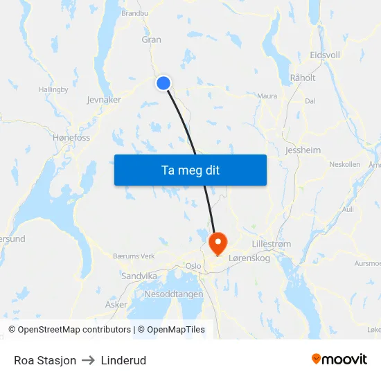 Roa Stasjon to Linderud map