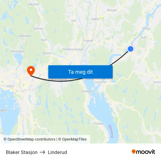 Blaker Stasjon to Linderud map