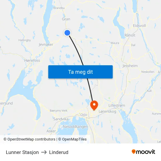 Lunner Stasjon to Linderud map