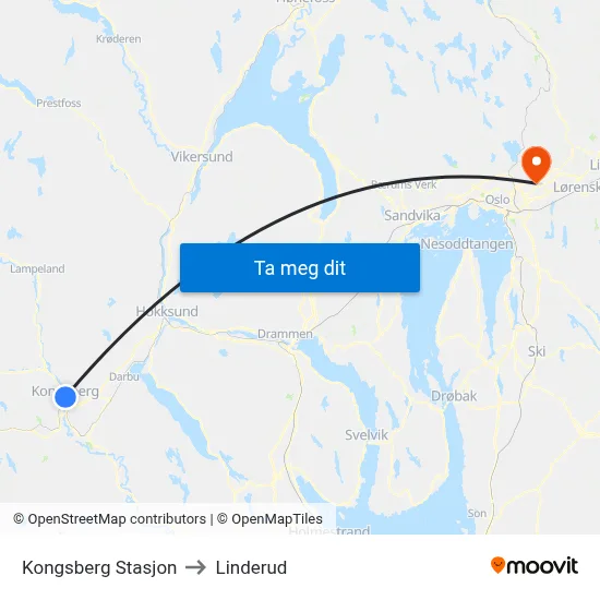 Kongsberg Stasjon to Linderud map