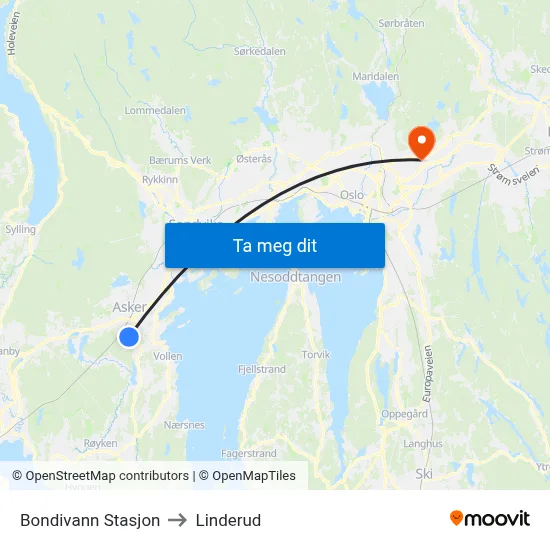 Bondivann Stasjon to Linderud map