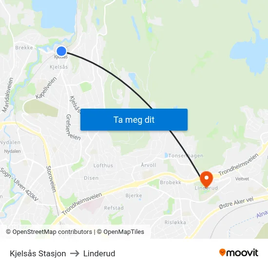 Kjelsås Stasjon to Linderud map