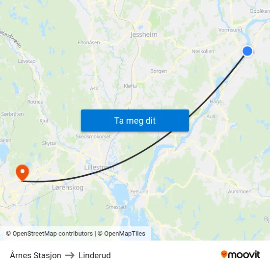Årnes Stasjon to Linderud map