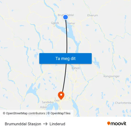 Brumunddal Stasjon to Linderud map