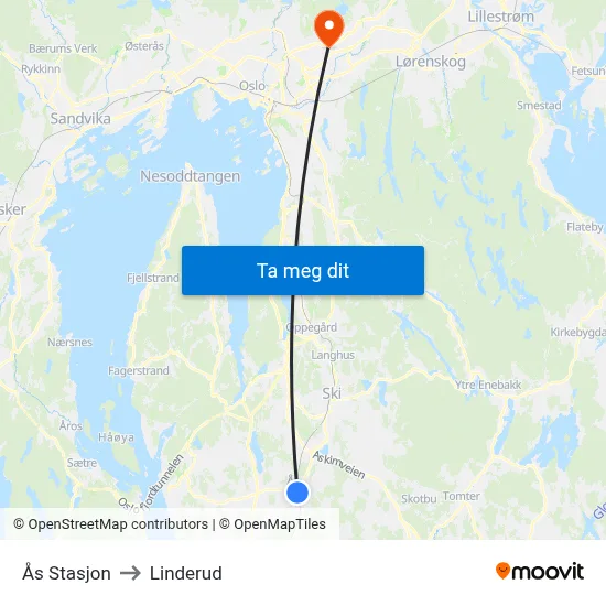 Ås Stasjon to Linderud map