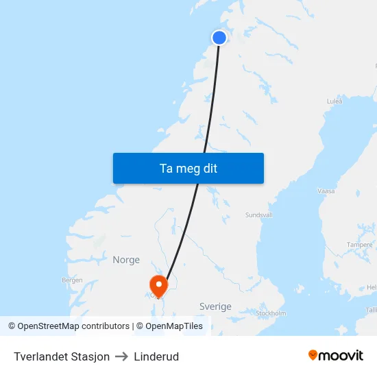 Tverlandet Stasjon to Linderud map