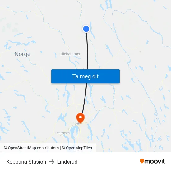 Koppang Stasjon to Linderud map
