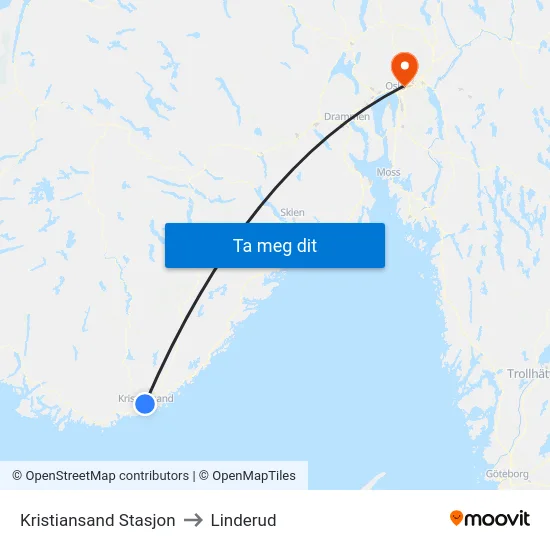 Kristiansand Stasjon to Linderud map