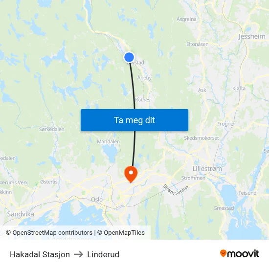 Hakadal Stasjon to Linderud map