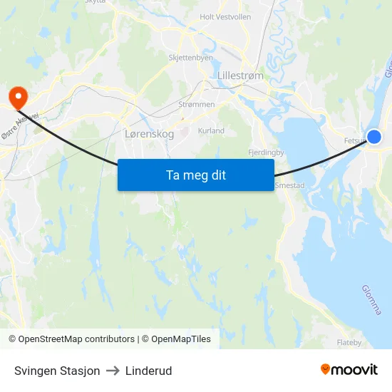 Svingen Stasjon to Linderud map