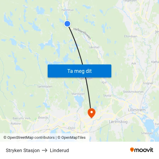 Stryken Stasjon to Linderud map