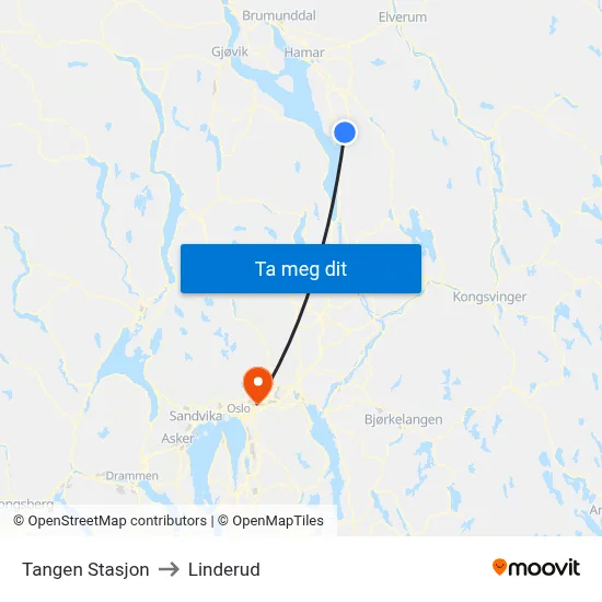 Tangen Stasjon to Linderud map