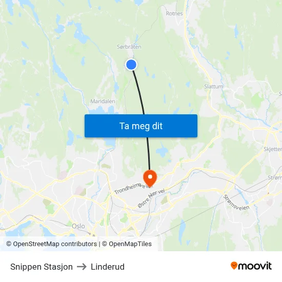 Snippen Stasjon to Linderud map