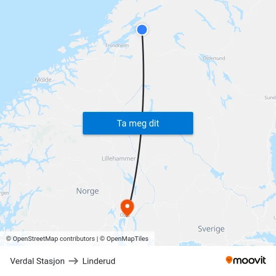 Verdal Stasjon to Linderud map
