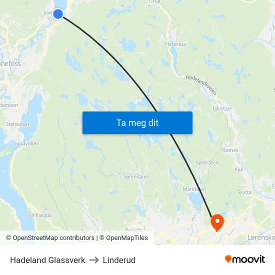 Hadeland Glassverk to Linderud map