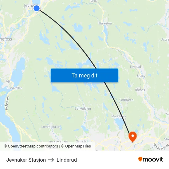 Jevnaker Stasjon to Linderud map