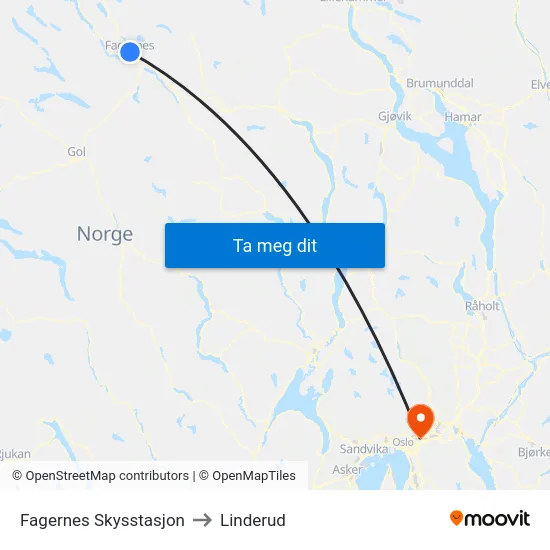 Fagernes Skysstasjon to Linderud map