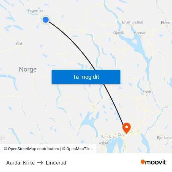 Aurdal Kirke to Linderud map