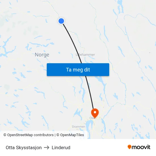 Otta Skysstasjon to Linderud map