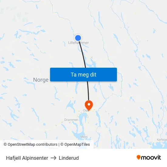 Hafjell Alpinsenter to Linderud map