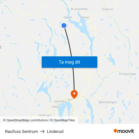 Raufoss Sentrum to Linderud map