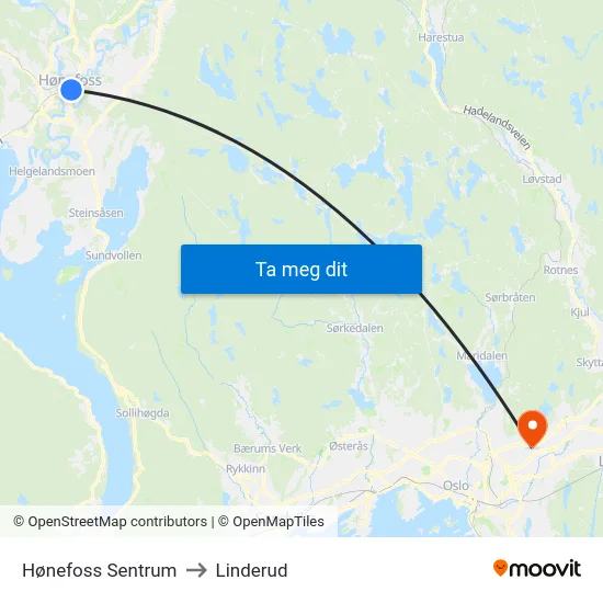 Hønefoss Sentrum to Linderud map