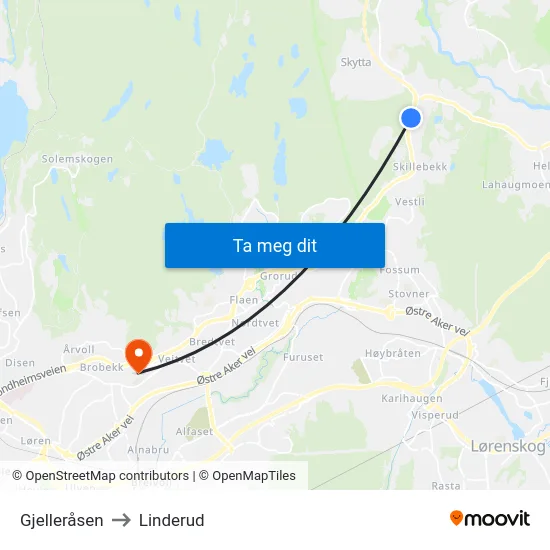 Gjelleråsen to Linderud map