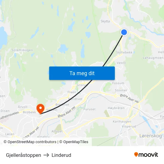 Gjelleråstoppen to Linderud map