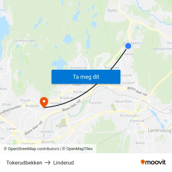 Tokerudbekken to Linderud map