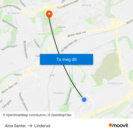 Alna Senter to Linderud map