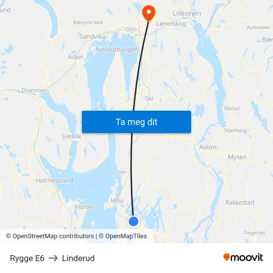 Rygge E6 to Linderud map