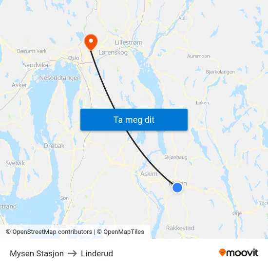 Mysen Stasjon to Linderud map