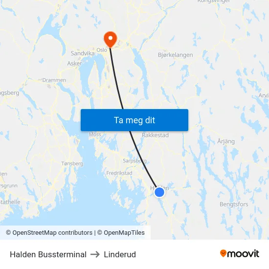Halden Bussterminal to Linderud map