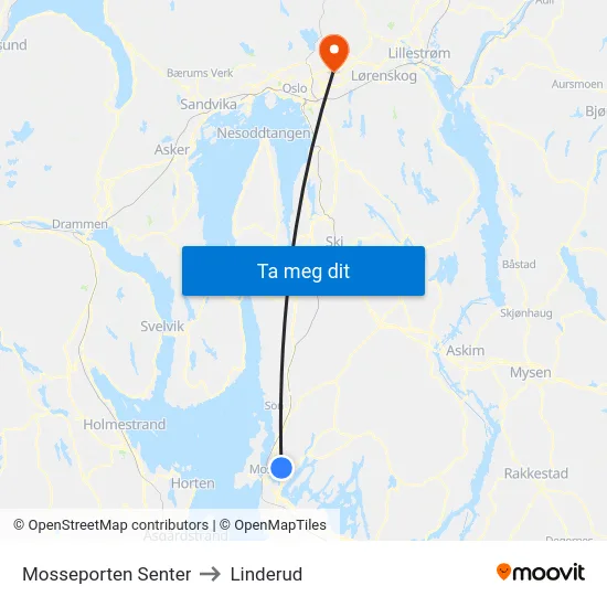 Mosseporten Senter to Linderud map