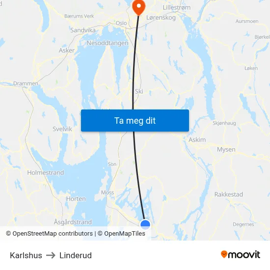 Karlshus to Linderud map