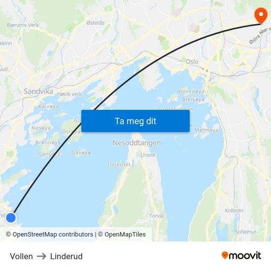 Vollen to Linderud map