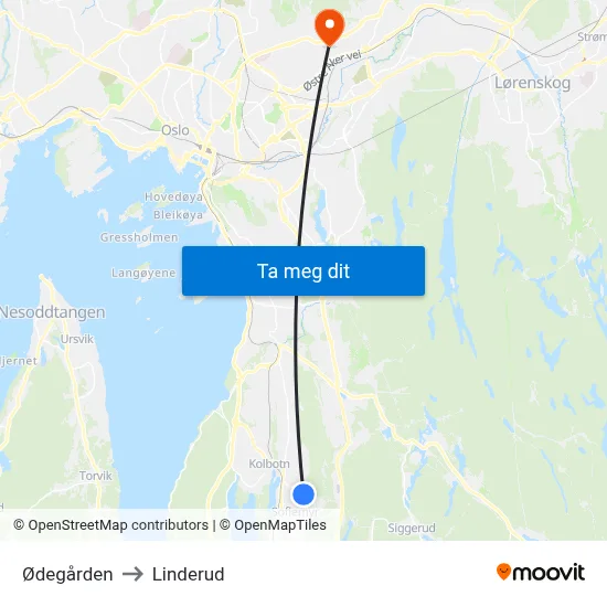 Ødegården to Linderud map