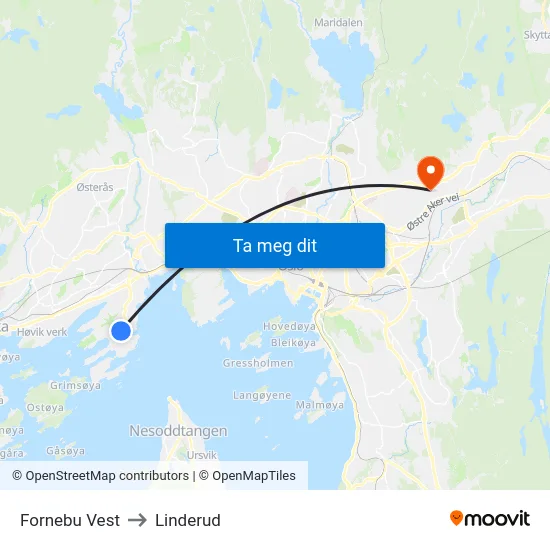 Fornebu Vest to Linderud map