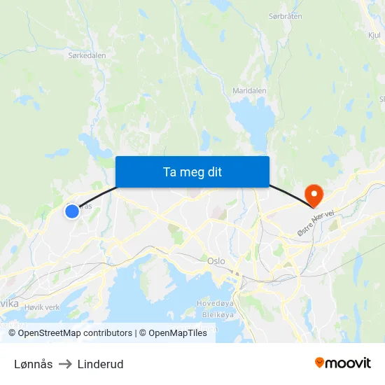 Lønnås to Linderud map