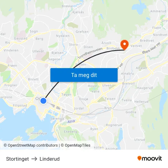 Stortinget to Linderud map