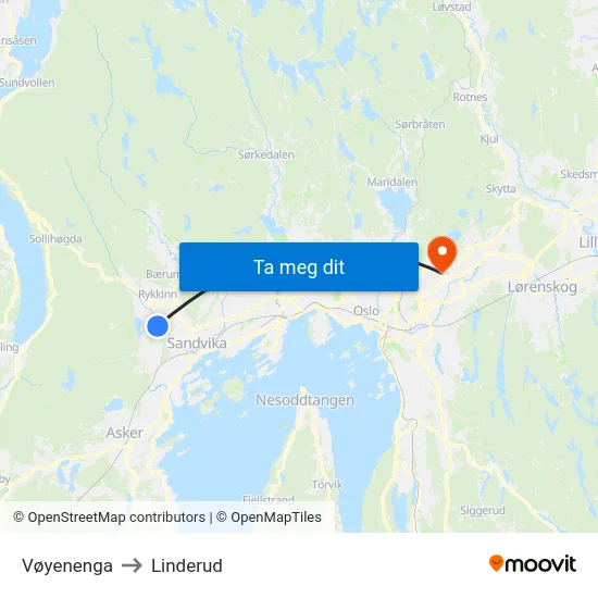 Vøyenenga to Linderud map