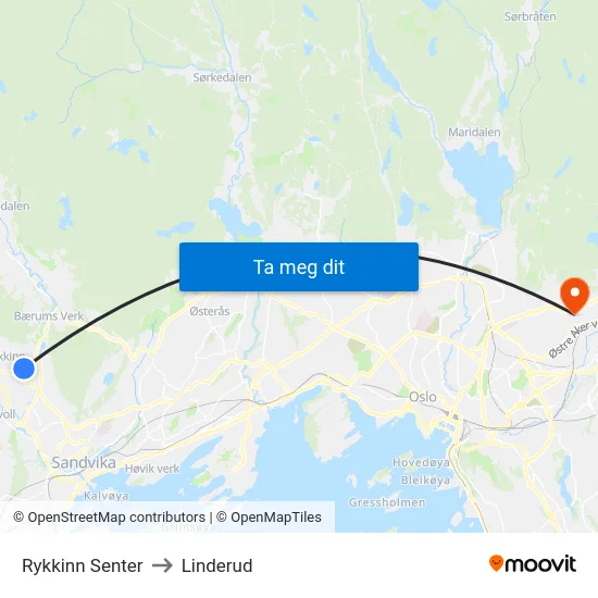 Rykkinn Senter to Linderud map