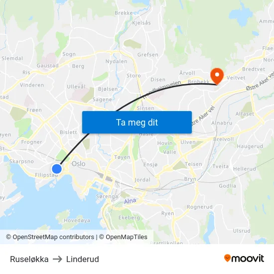Ruseløkka to Linderud map